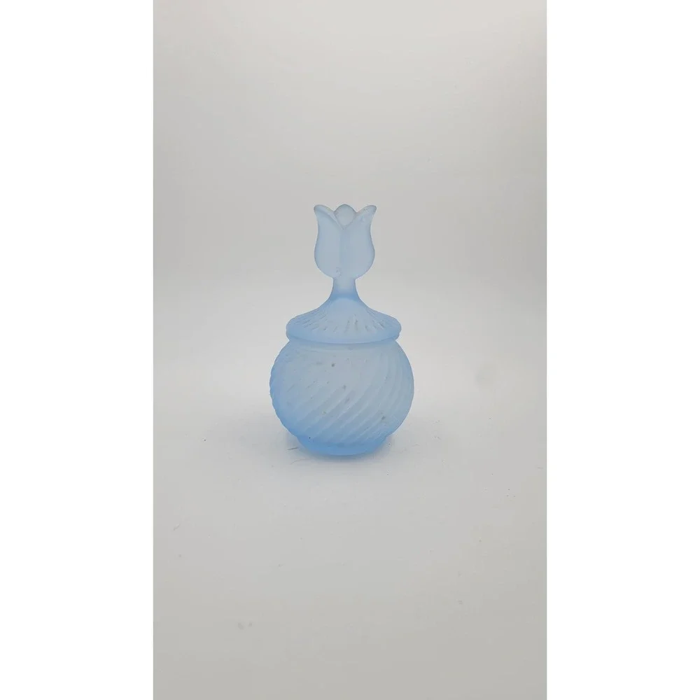 Vintage Blue Party Lite Frosted Glass Trinket Box, Vanity Container w/ Tulip Lid
